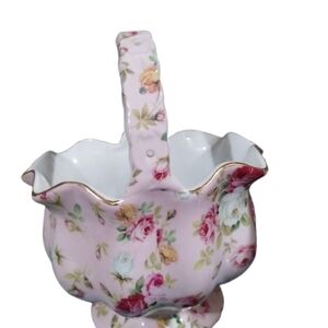 Vntage Royal Danube Basket with Pink flowers, Floral Pink Basket with Gold Trim